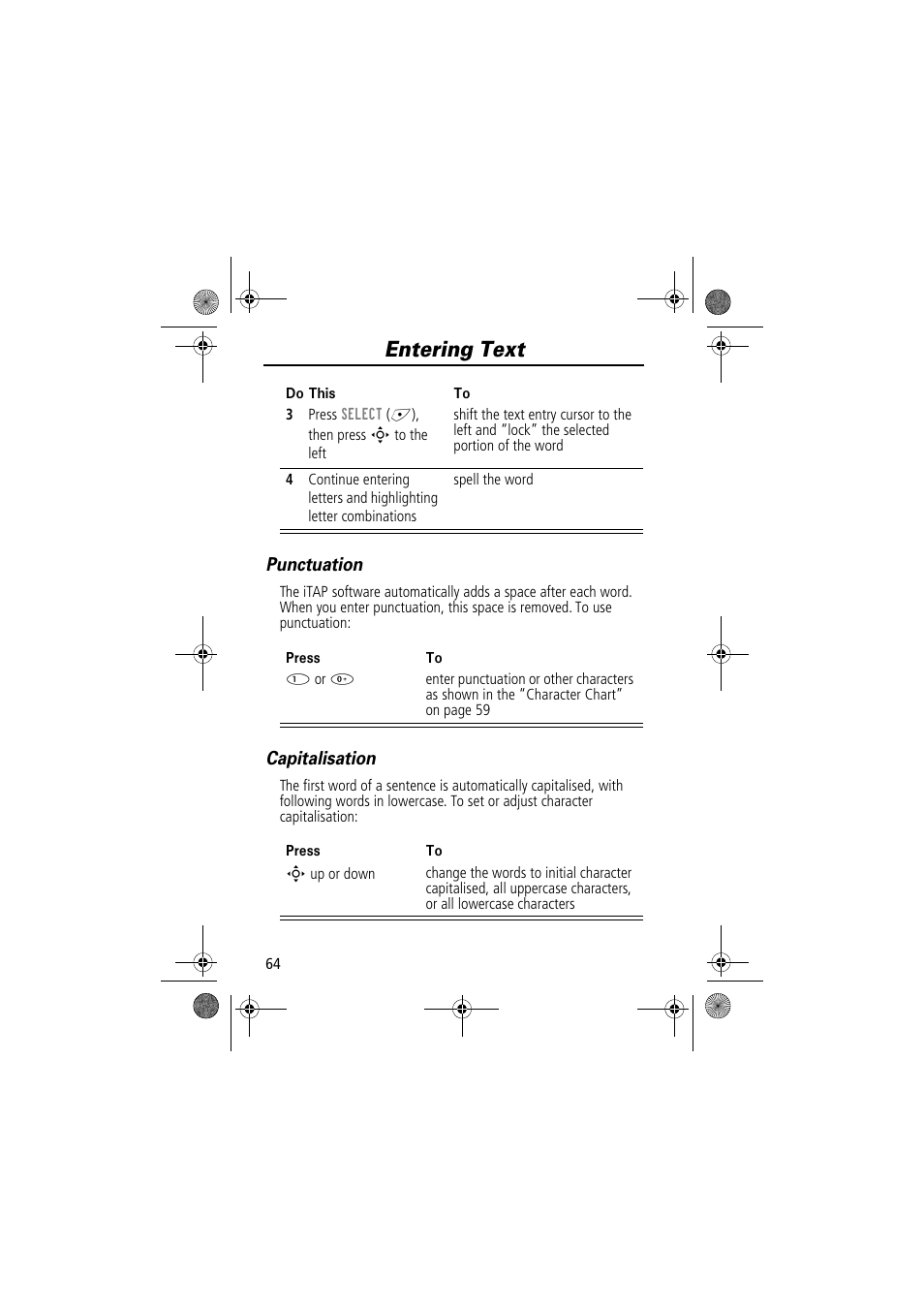 Entering text, Punctuation, Capitalisation | Motorola TimePort 280 User Manual | Page 64 / 188