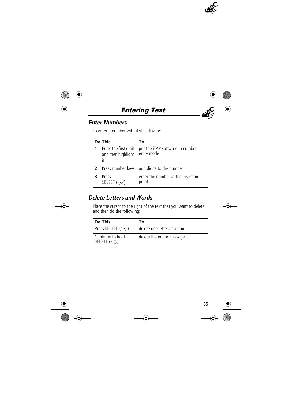 Entering text, Enter numbers, Delete letters and words | Motorola TimePort 280 User Manual | Page 65 / 188