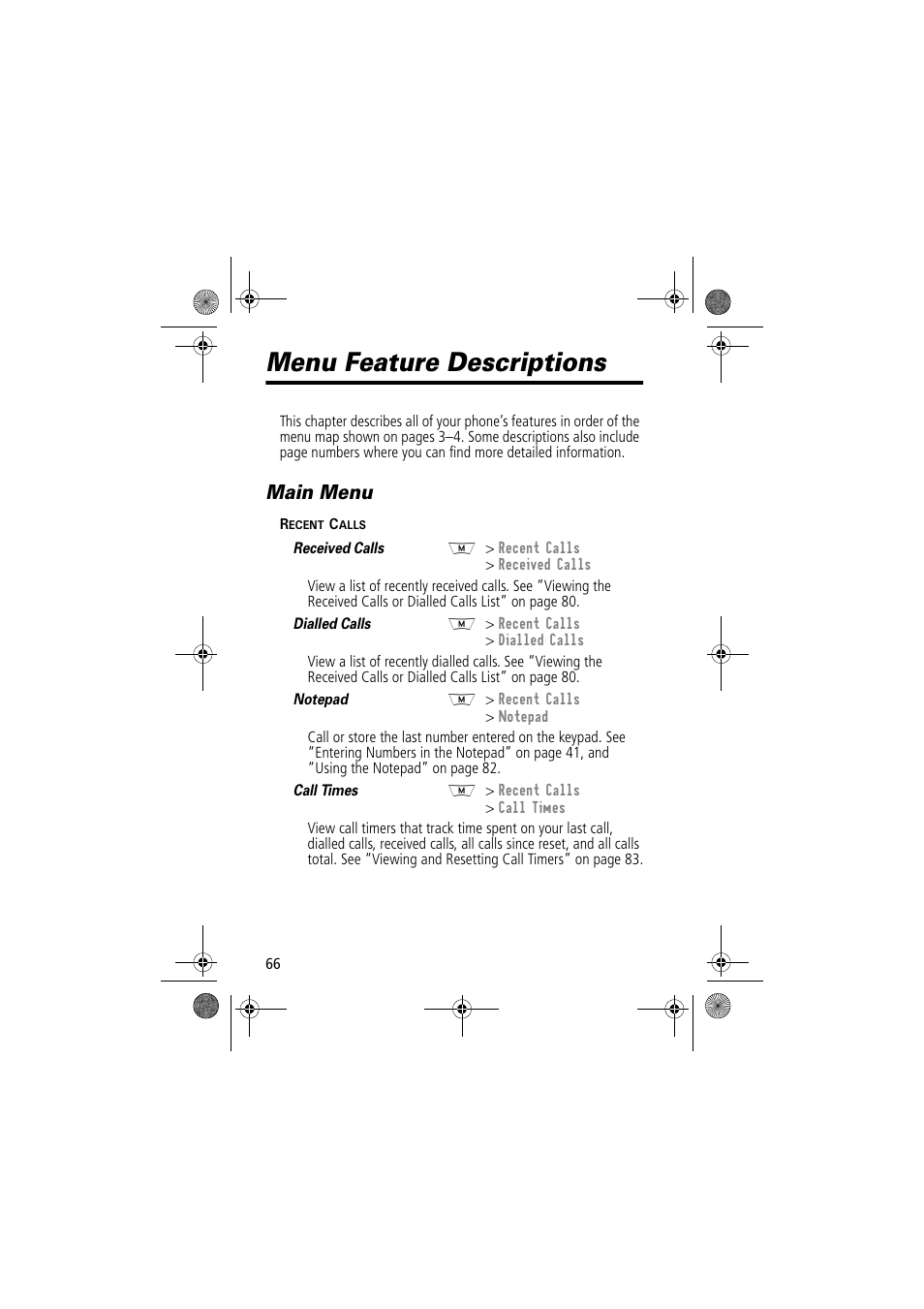 Menu feature descriptions, Main menu | Motorola TimePort 280 User Manual | Page 66 / 188