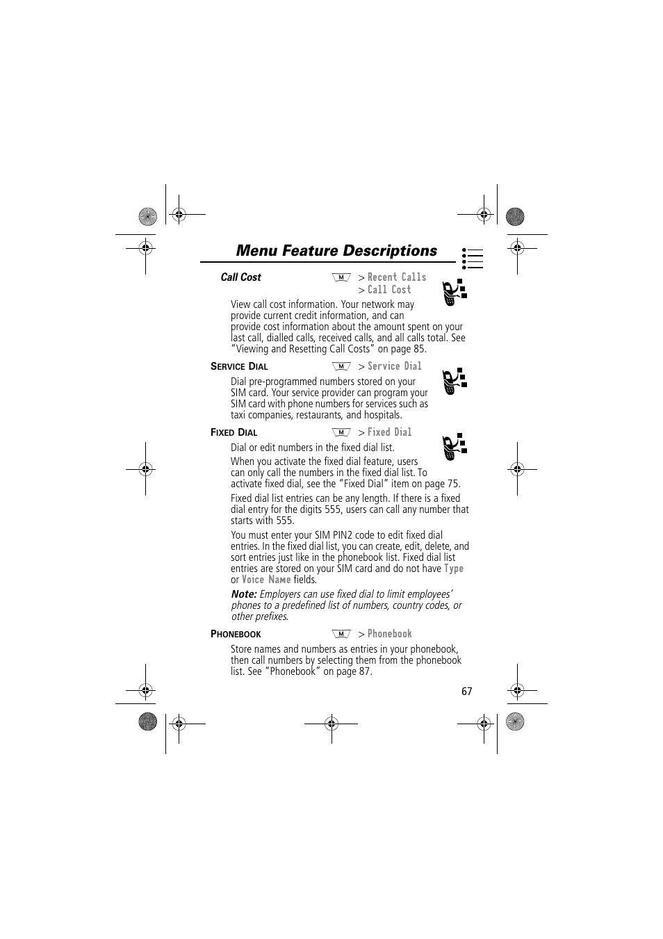 Menu feature descriptions | Motorola TimePort 280 User Manual | Page 67 / 188