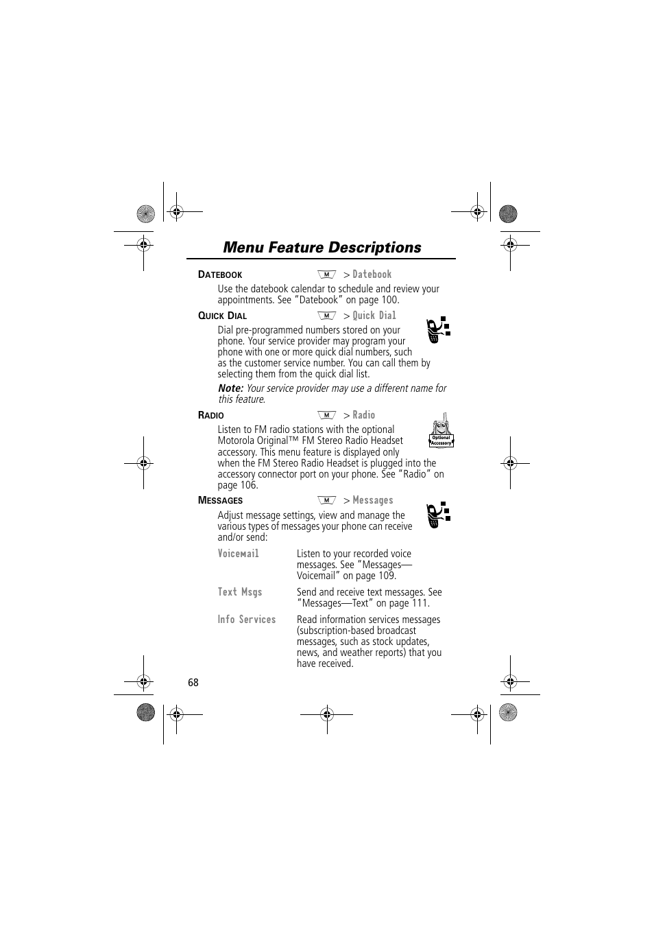 Menu feature descriptions | Motorola TimePort 280 User Manual | Page 68 / 188