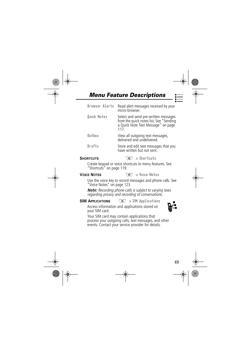 Menu feature descriptions | Motorola TimePort 280 User Manual | Page 69 / 188