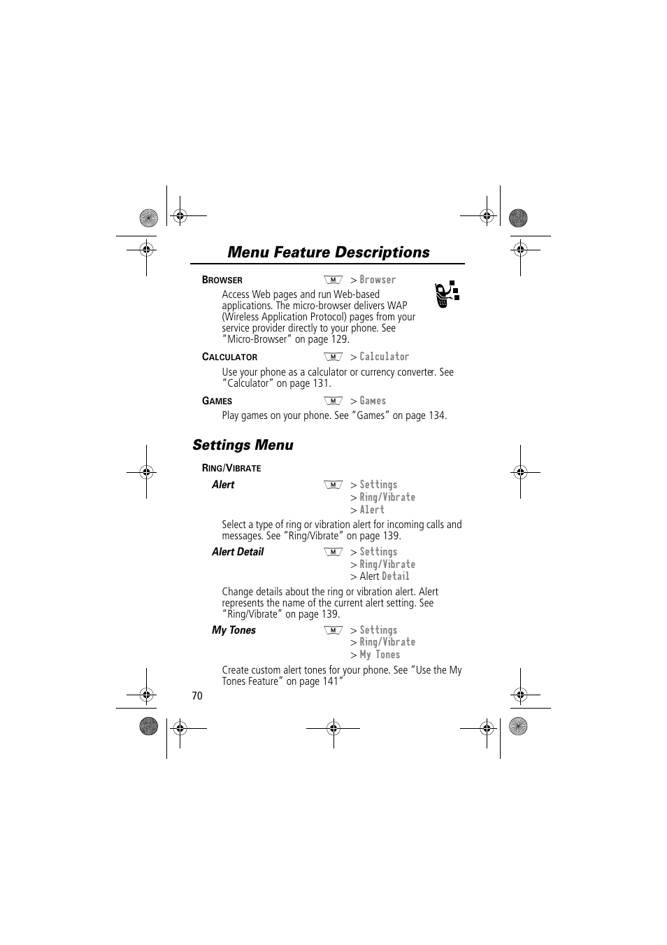 Menu feature descriptions, Settings menu | Motorola TimePort 280 User Manual | Page 70 / 188