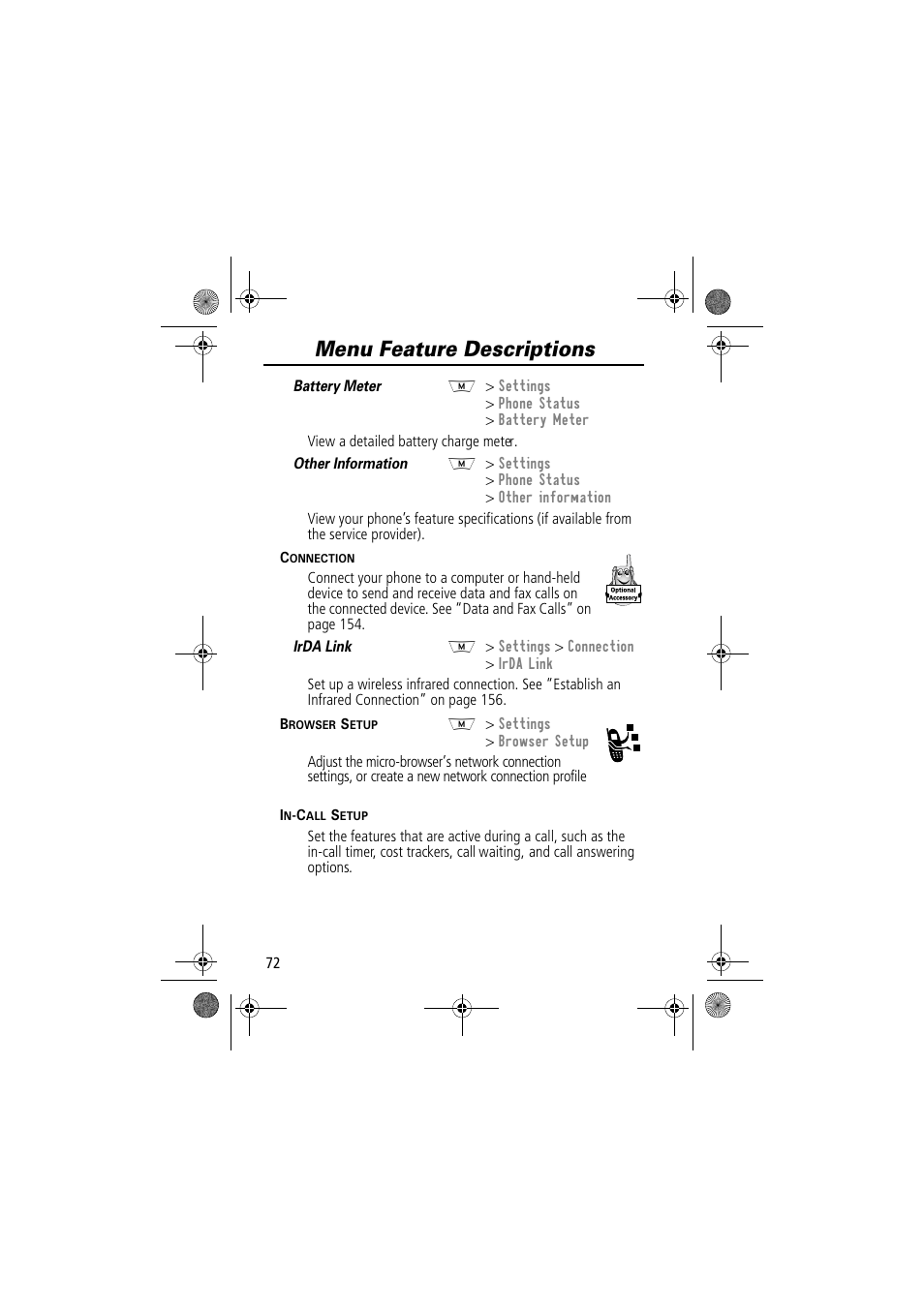 Menu feature descriptions | Motorola TimePort 280 User Manual | Page 72 / 188