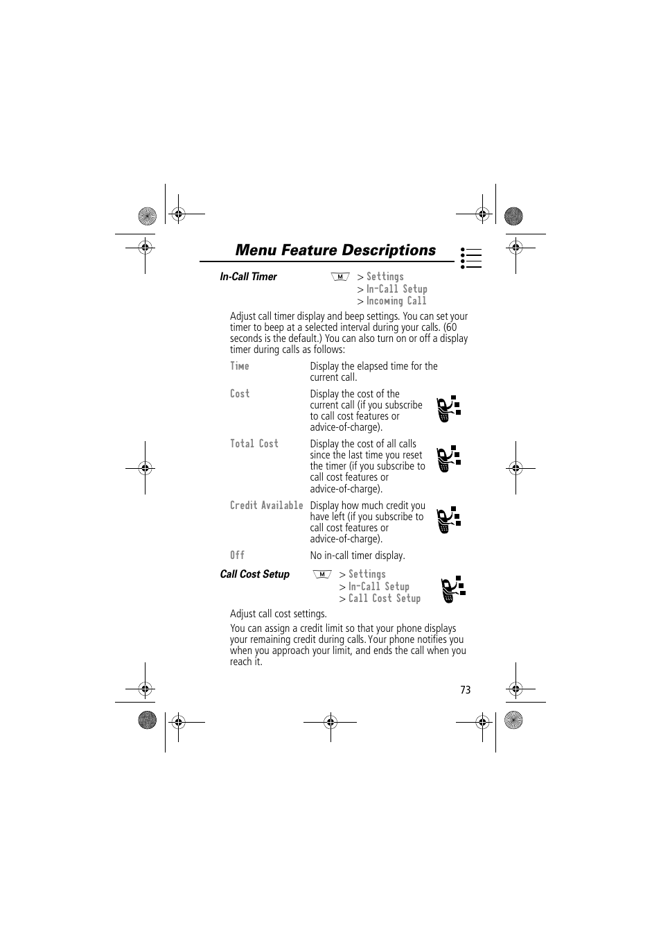 Menu feature descriptions | Motorola TimePort 280 User Manual | Page 73 / 188