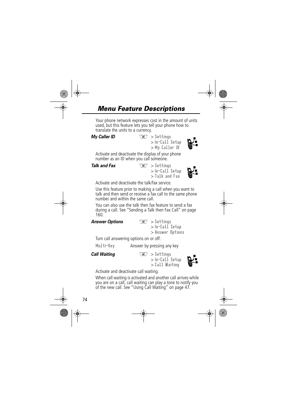Menu feature descriptions | Motorola TimePort 280 User Manual | Page 74 / 188
