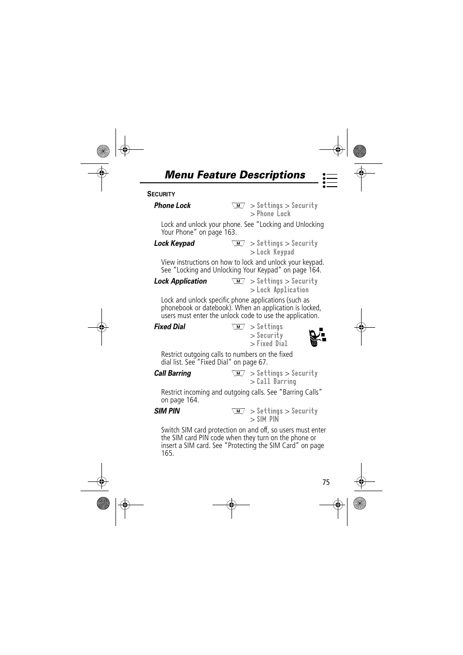 Menu feature descriptions | Motorola TimePort 280 User Manual | Page 75 / 188