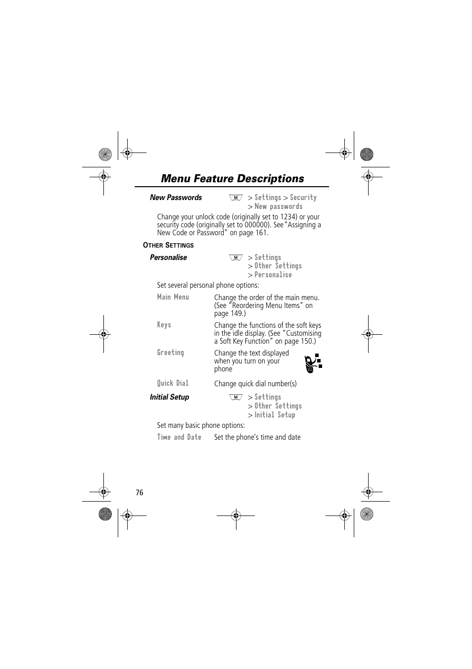 Menu feature descriptions | Motorola TimePort 280 User Manual | Page 76 / 188