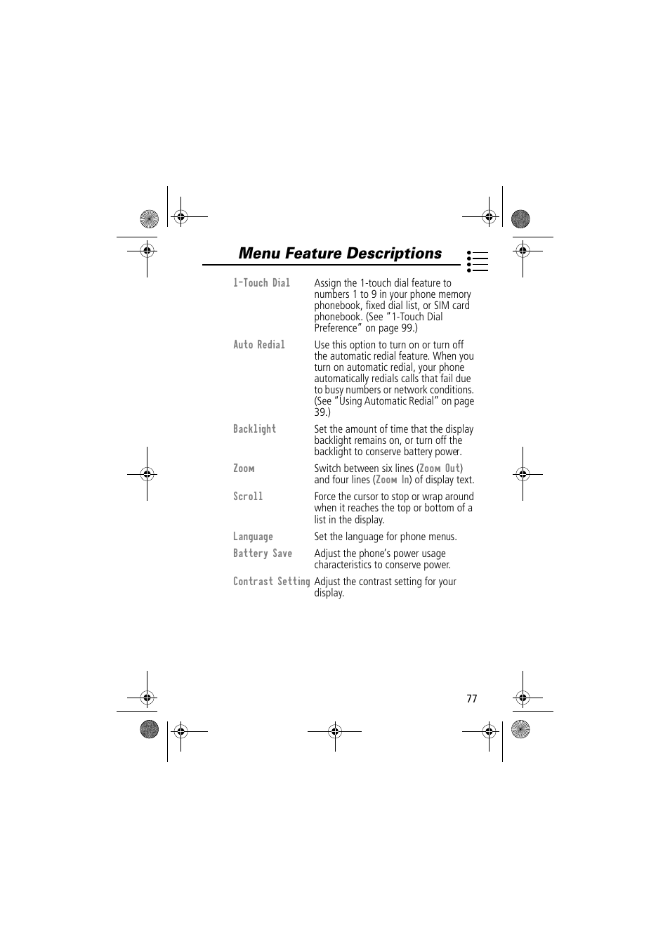 Menu feature descriptions | Motorola TimePort 280 User Manual | Page 77 / 188