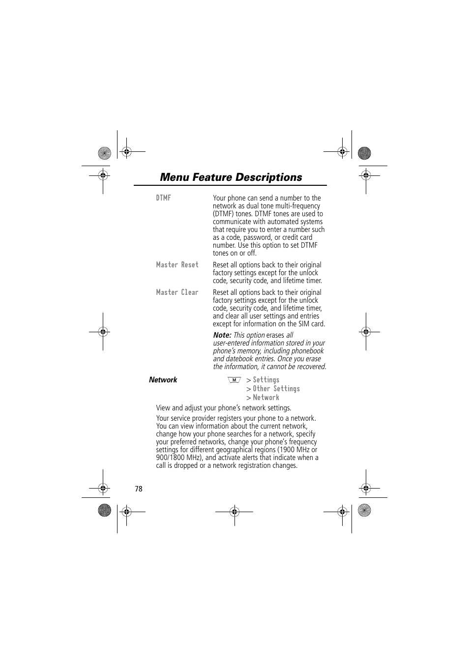Menu feature descriptions | Motorola TimePort 280 User Manual | Page 78 / 188