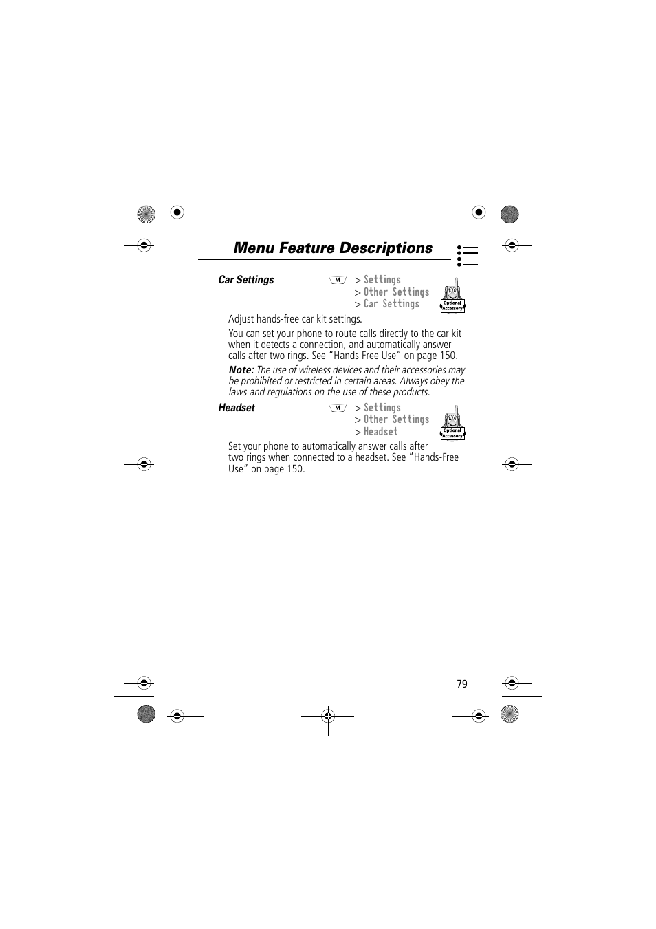 Menu feature descriptions | Motorola TimePort 280 User Manual | Page 79 / 188
