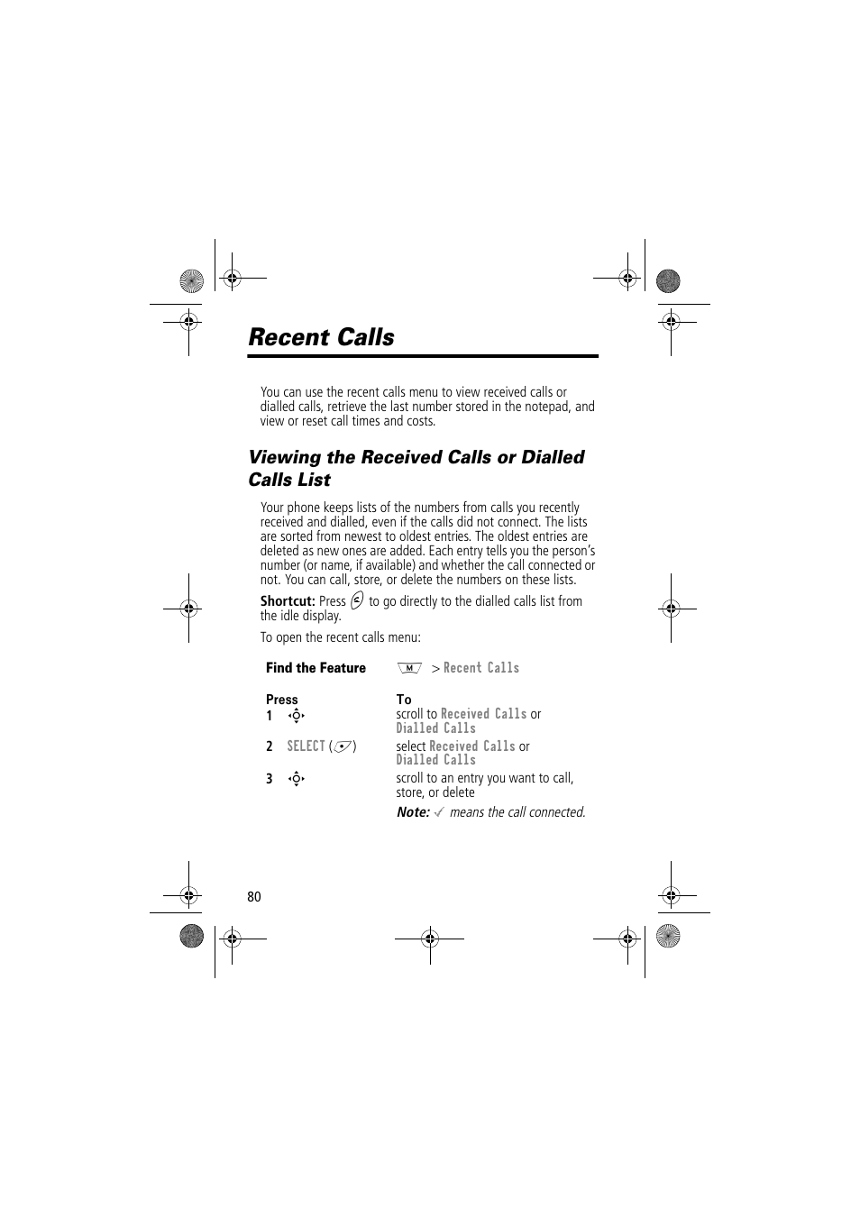 Recent calls, Viewing the received calls or dialled calls list | Motorola TimePort 280 User Manual | Page 80 / 188