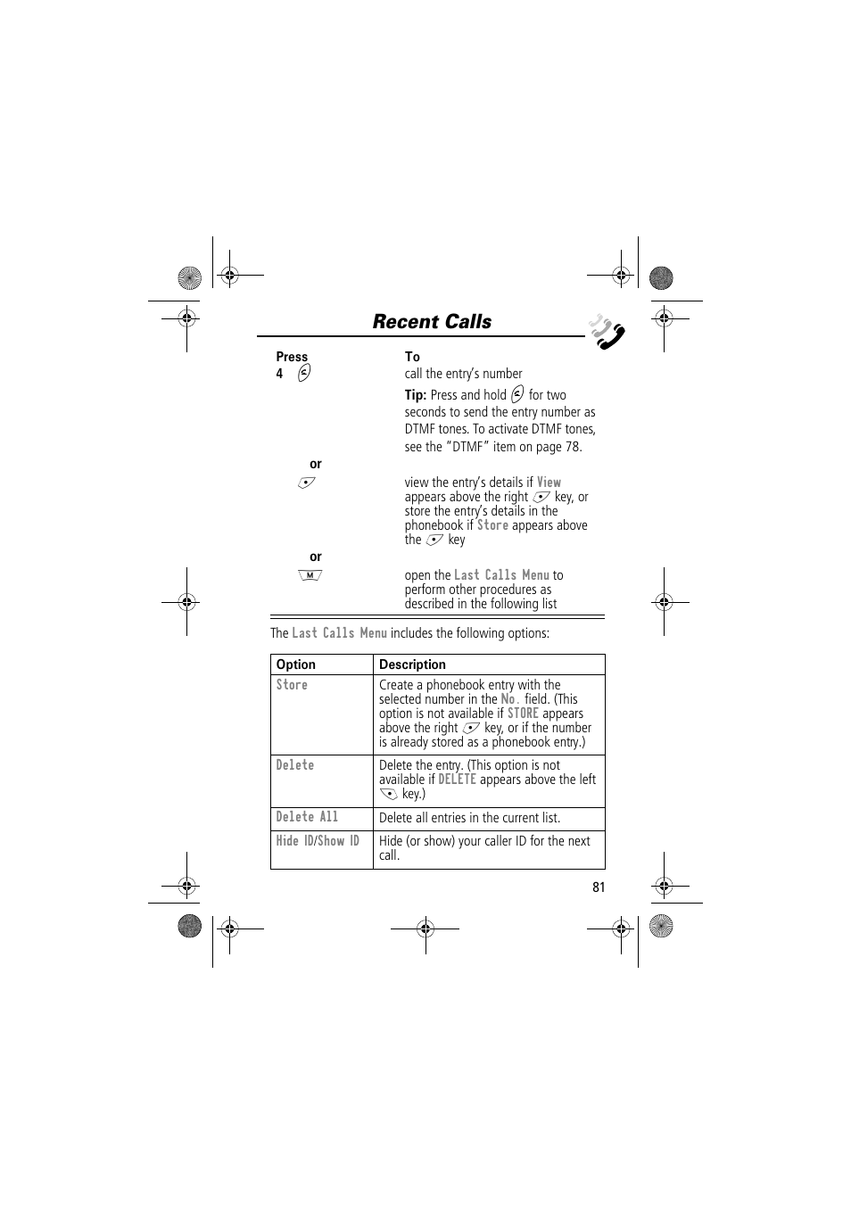 Recent calls | Motorola TimePort 280 User Manual | Page 81 / 188