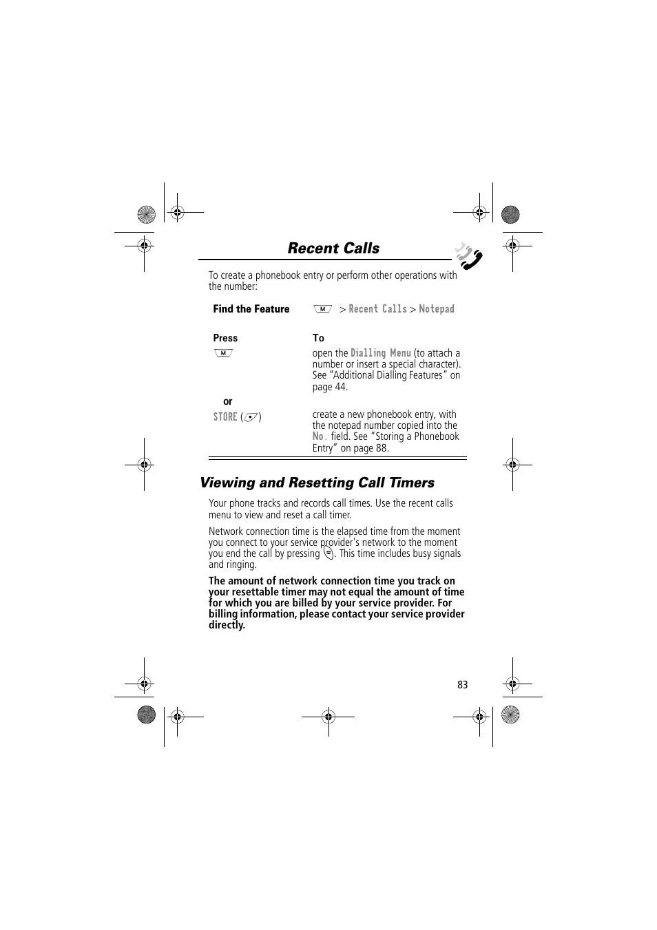 Recent calls, Viewing and resetting call timers | Motorola TimePort 280 User Manual | Page 83 / 188