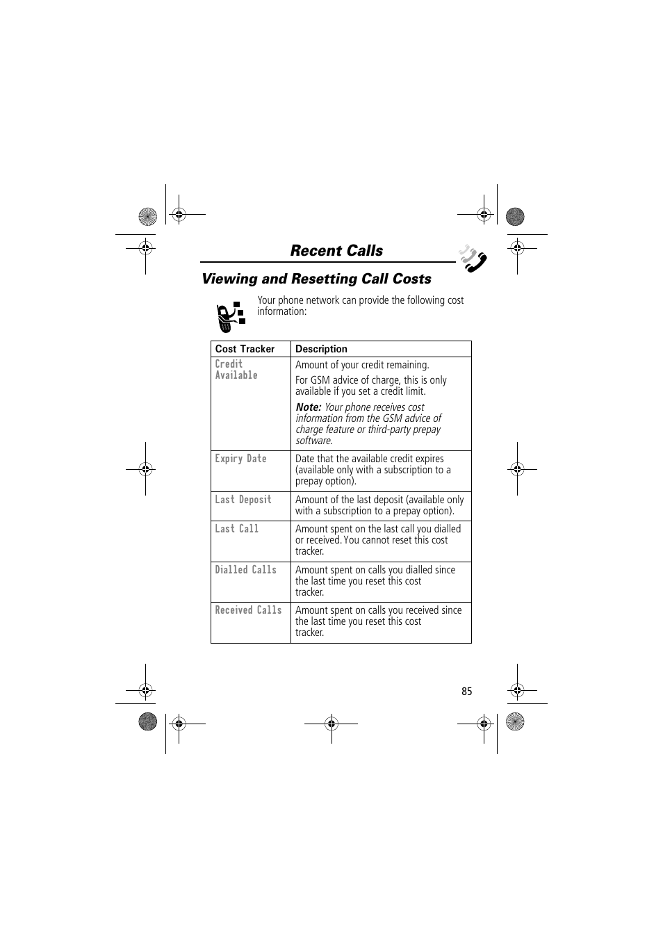 Recent calls, Viewing and resetting call costs | Motorola TimePort 280 User Manual | Page 85 / 188