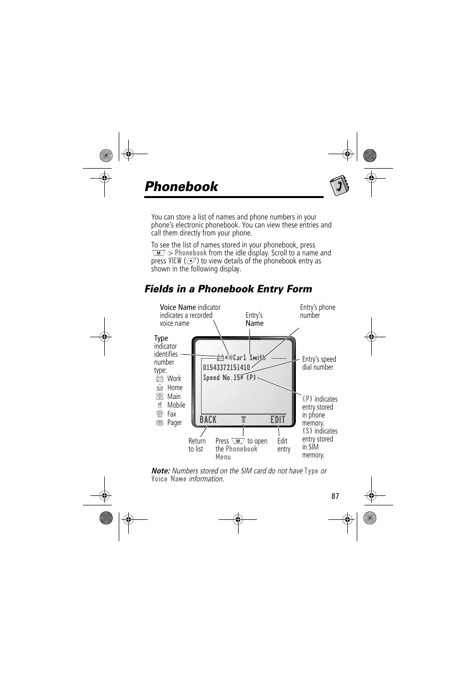 Phonebook, Fields in a phonebook entry form | Motorola TimePort 280 User Manual | Page 87 / 188