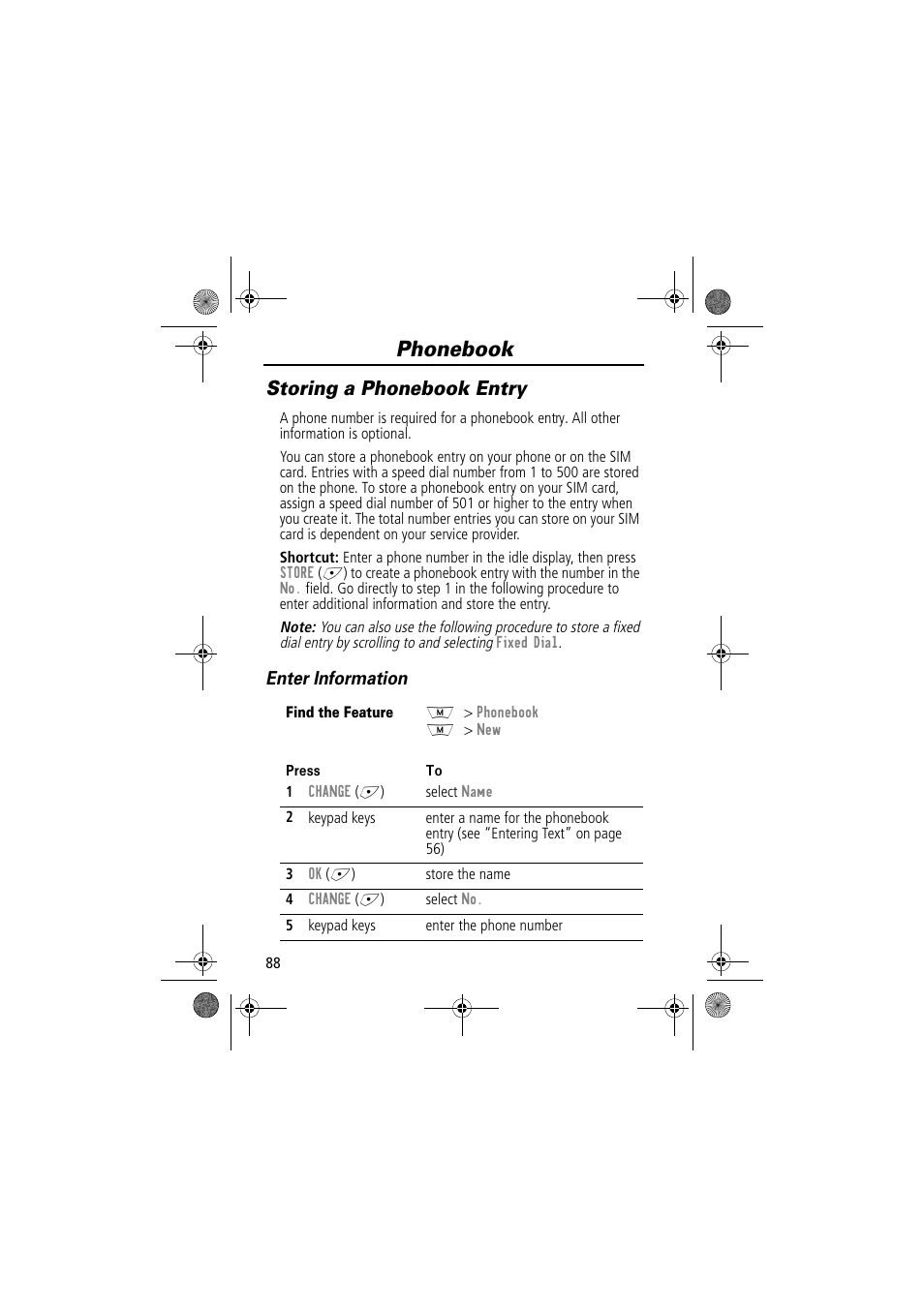Phonebook, Storing a phonebook entry, Enter information | Motorola TimePort 280 User Manual | Page 88 / 188