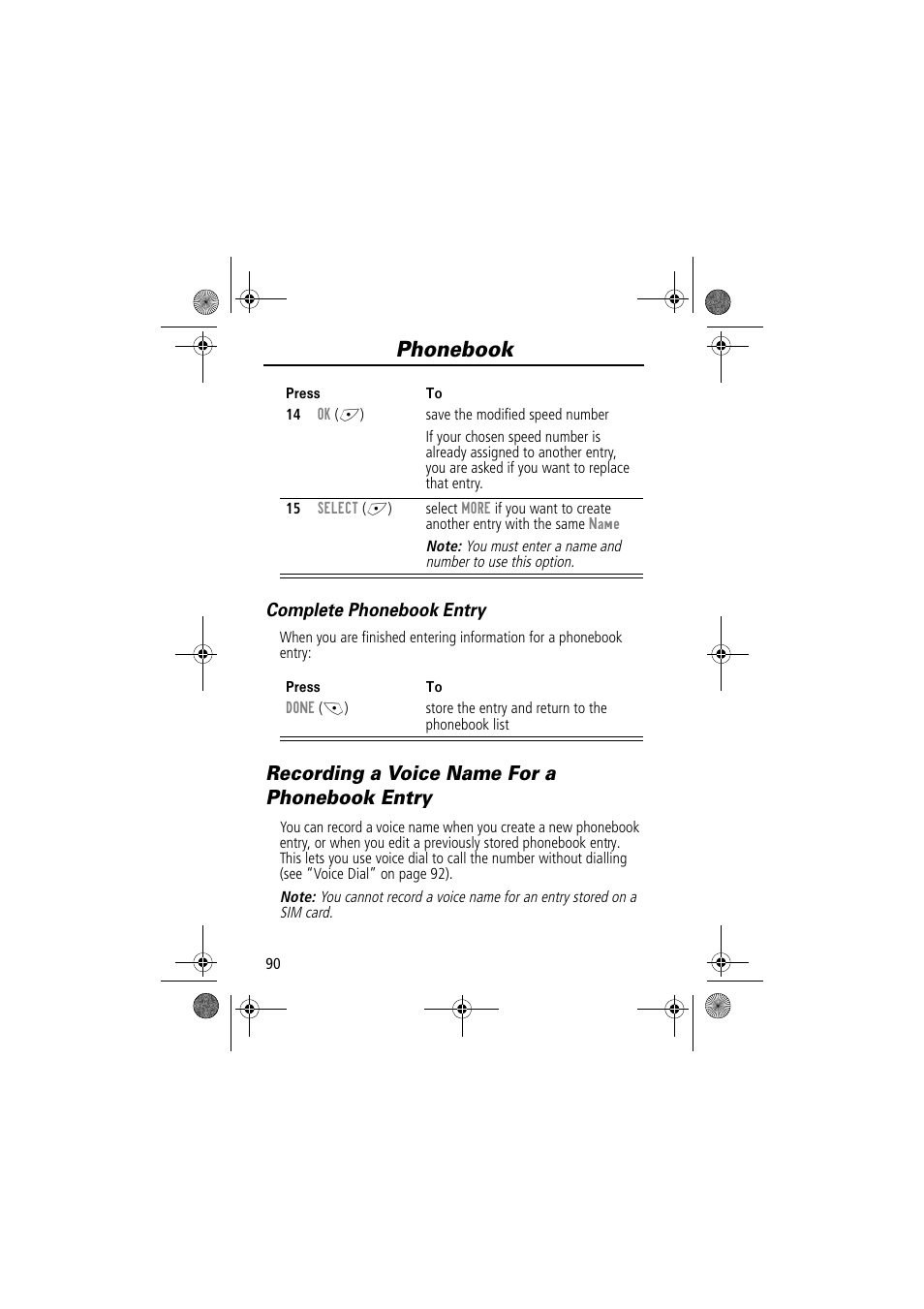 Phonebook, Recording a voice name for a phonebook entry, Complete phonebook entry | Motorola TimePort 280 User Manual | Page 90 / 188