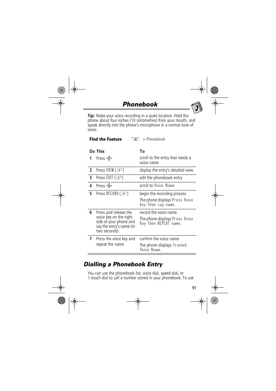 Phonebook, Dialling a phonebook entry | Motorola TimePort 280 User Manual | Page 91 / 188