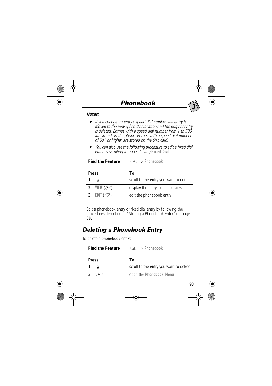 Phonebook, Deleting a phonebook entry | Motorola TimePort 280 User Manual | Page 93 / 188