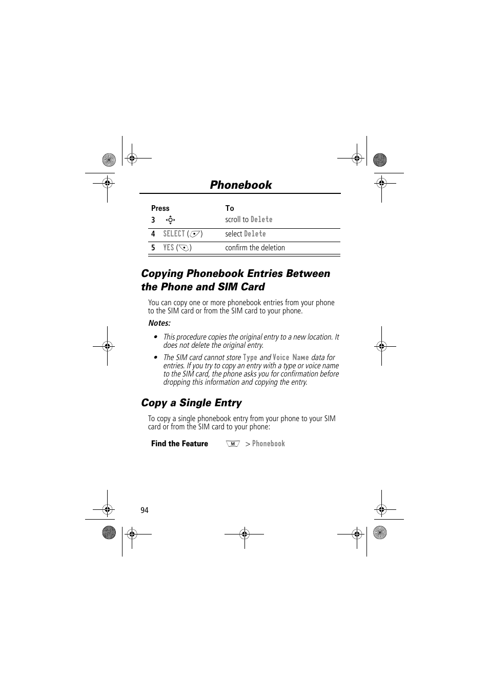 Phonebook, Copy a single entry | Motorola TimePort 280 User Manual | Page 94 / 188