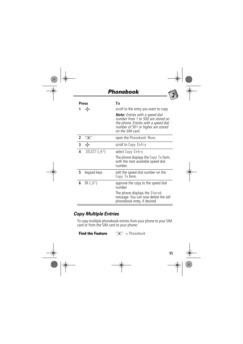 Phonebook, Copy multiple entries | Motorola TimePort 280 User Manual | Page 95 / 188