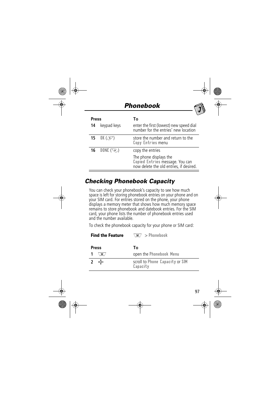 Phonebook, Checking phonebook capacity | Motorola TimePort 280 User Manual | Page 97 / 188