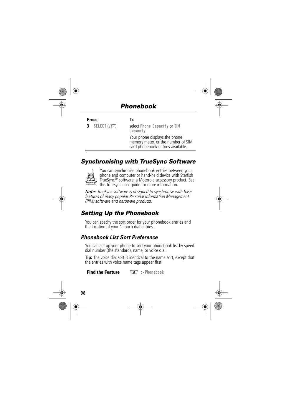 Phonebook, Synchronising with truesync software, Setting up the phonebook | Phonebook list sort preference | Motorola TimePort 280 User Manual | Page 98 / 188