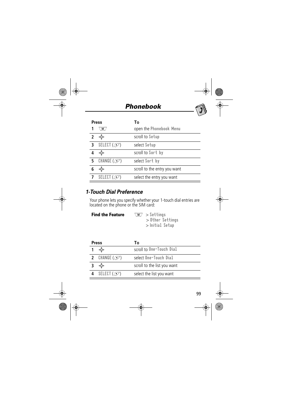 Phonebook, Touch dial preference | Motorola TimePort 280 User Manual | Page 99 / 188