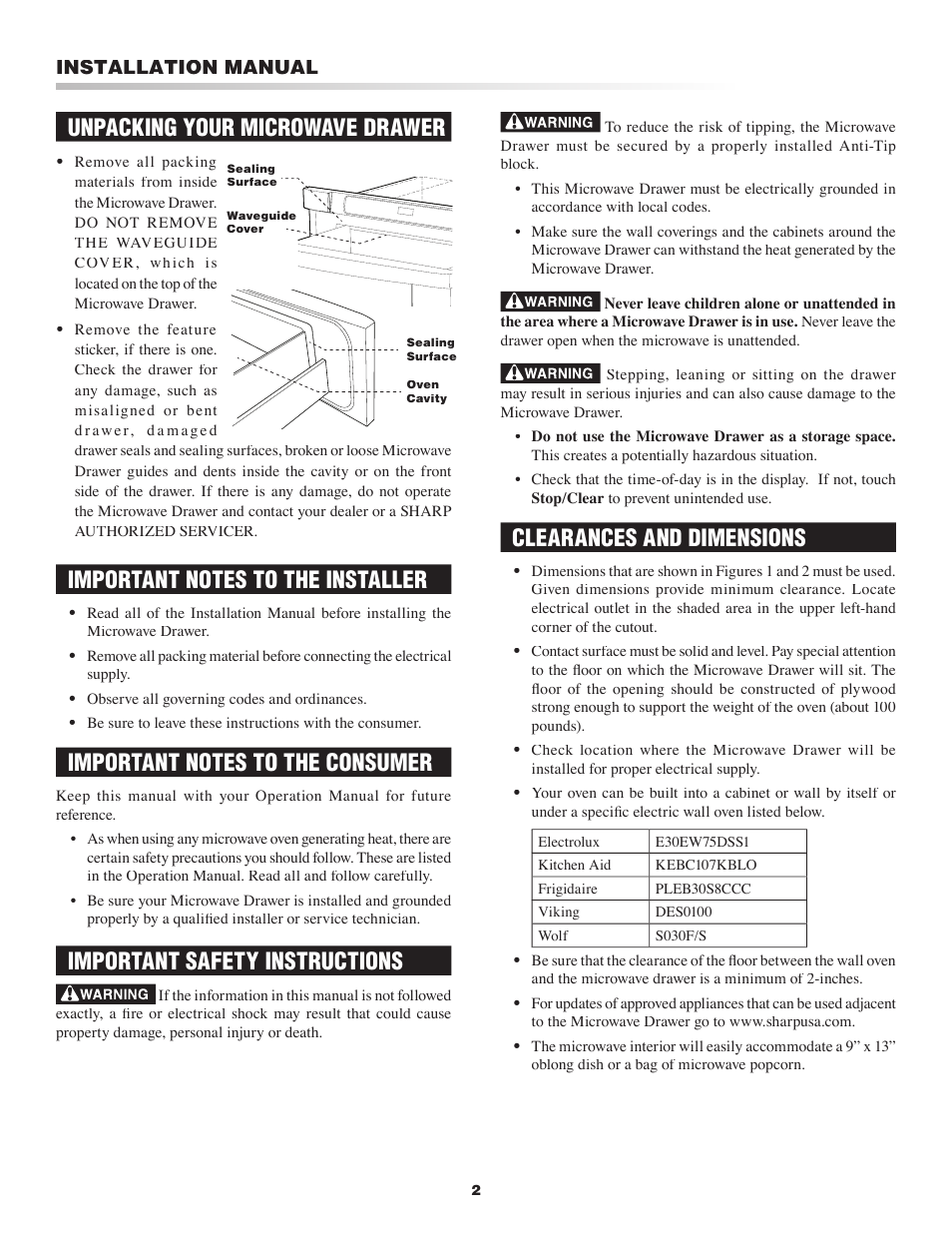 Important safety instructions, Unpacking your microwave drawer, Clearances and dimensions | Installation manual | Sharp Inside Pro User Manual | Page 2 / 4