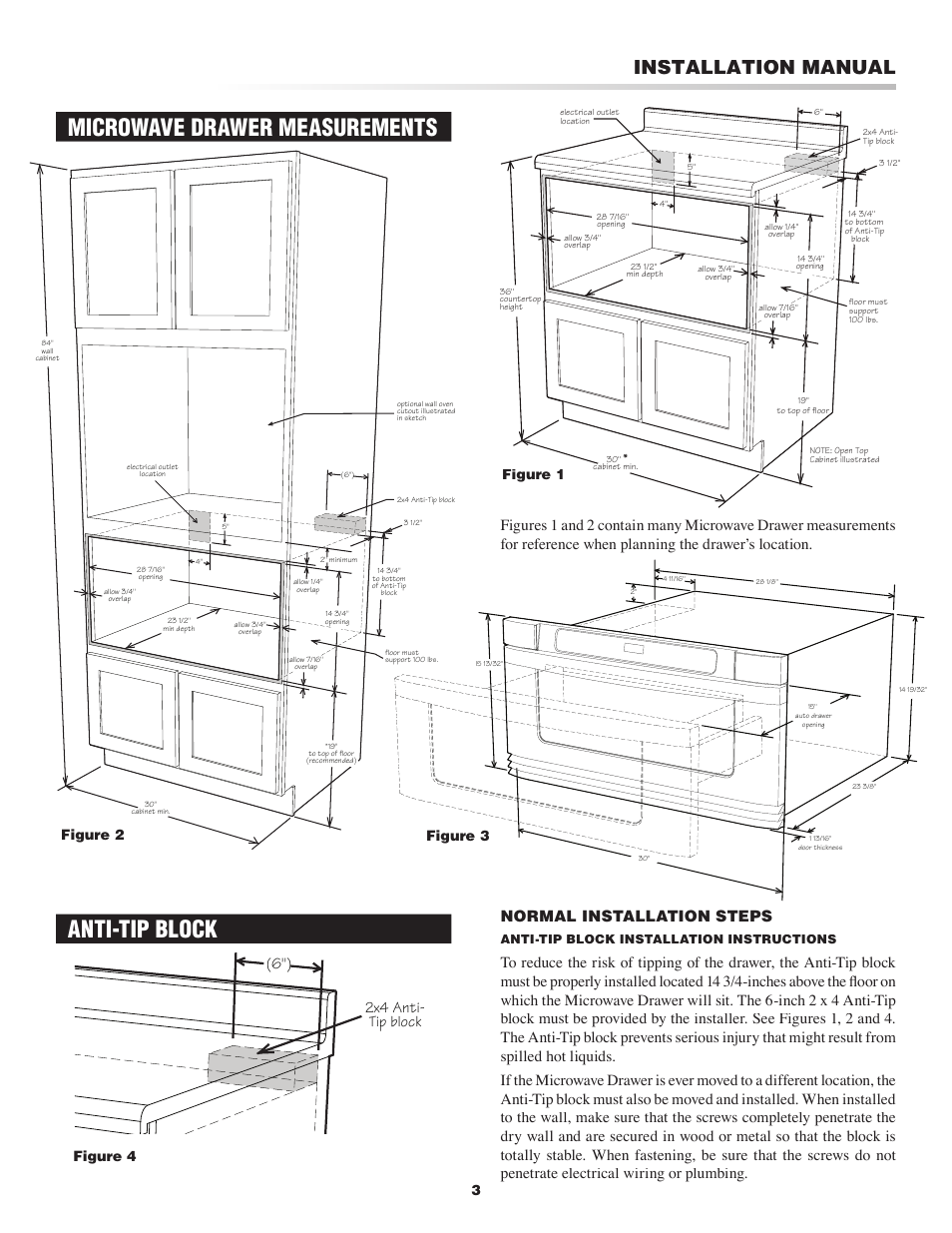 Microwave drawer measurements anti-tip block, Installation manual, Normal installation steps | Figure 2 figure 1, Figure 4 figure 3 | Sharp Inside Pro User Manual | Page 3 / 4