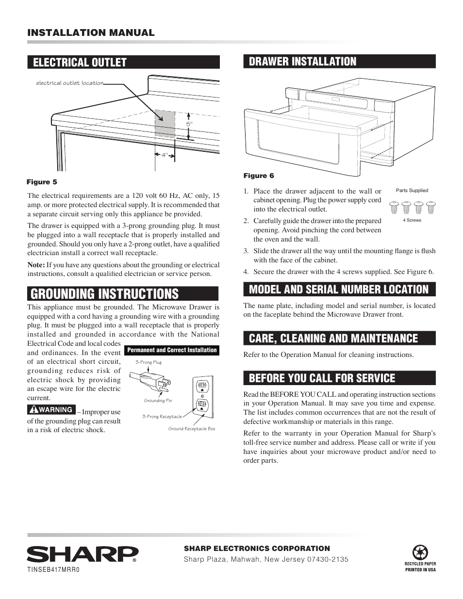 Grounding instructions, Model and serial number location, Care, cleaning and maintenance | Before you call for service, Drawer installation, Electrical outlet, Installation manual | Sharp Inside Pro User Manual | Page 4 / 4