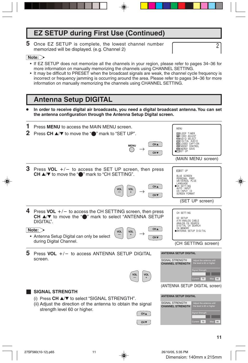 Ez setup during first use (continued), Antenna setup digital, Press menu to access the main menu screen | Press ch a/s to move the “e” mark to “set up | Sharp 27SF560 User Manual | Page 11 / 53