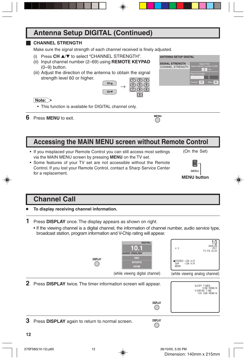 Antenna setup digital (continued), Channel call | Sharp 27SF560 User Manual | Page 12 / 53