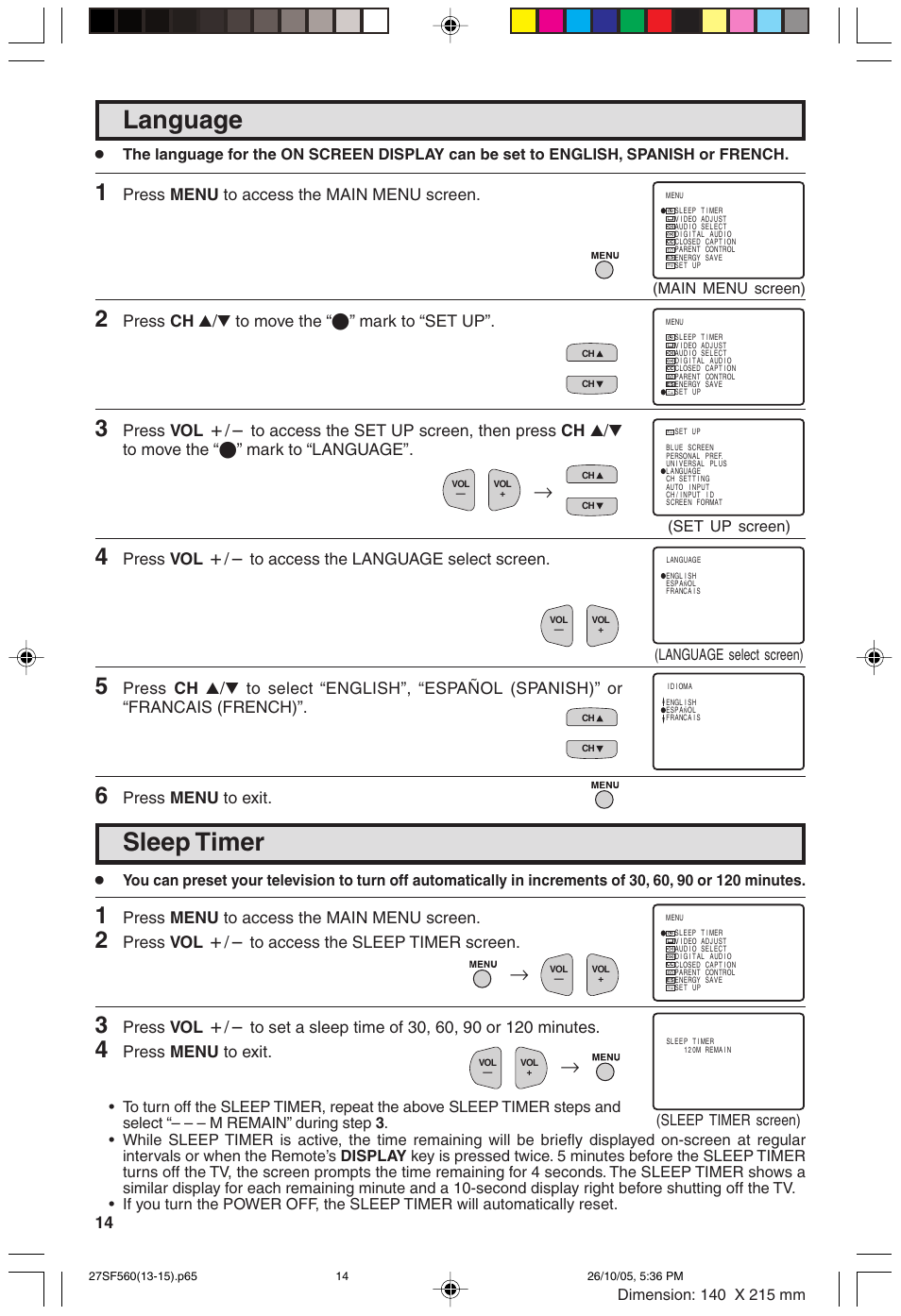 Sleep timer, Language, Press menu to access the main menu screen | Press ch a/s, Press vol k/l to access the language select screen, Press menu to exit, Press vol k/l to access the sleep timer screen, Set up screen) | Sharp 27SF560 User Manual | Page 14 / 53