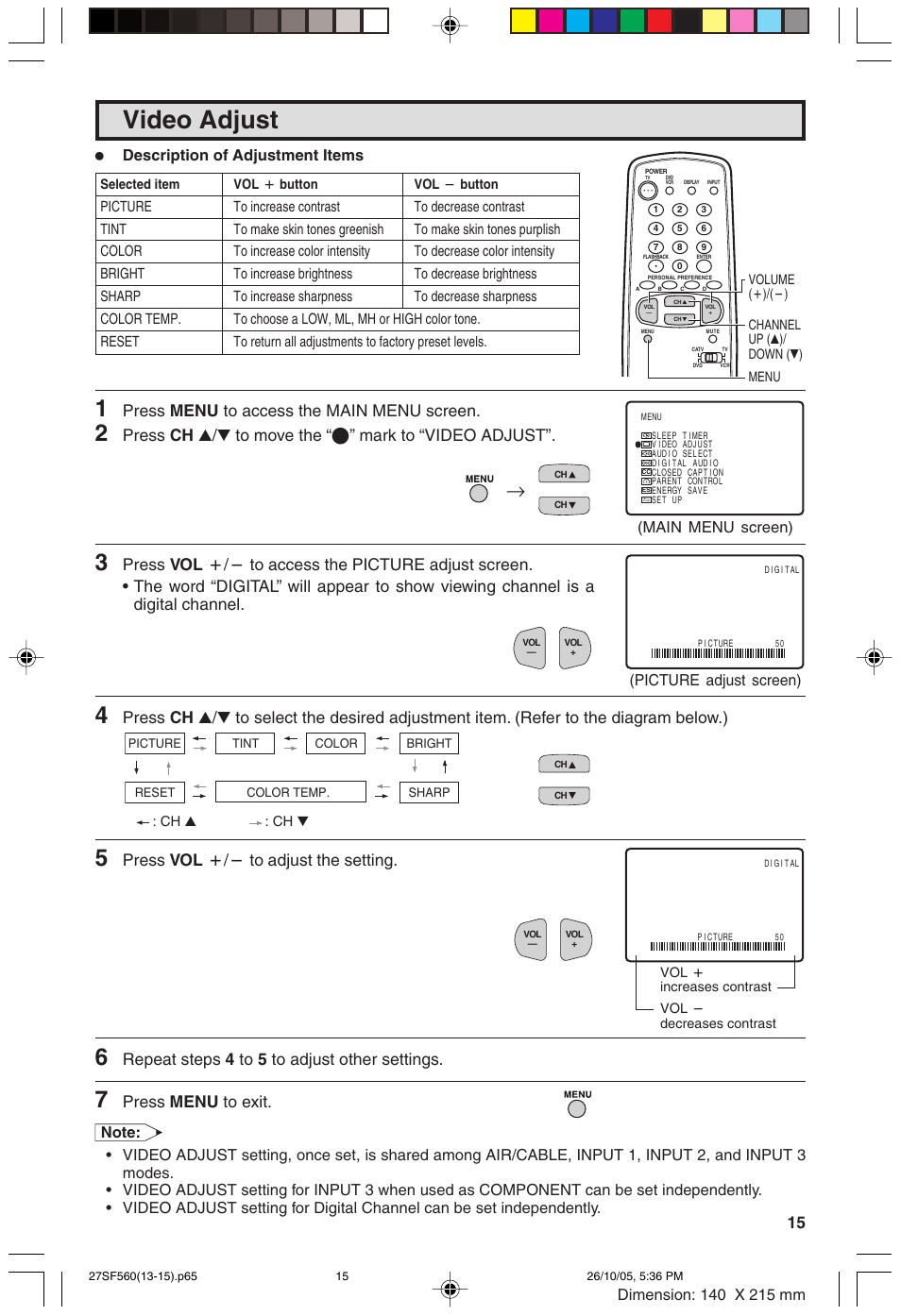 Video adjust, Press menu to access the main menu screen, Press ch a/s to move the “e” mark to “video adjust | Press ch a/s, Press vol k/l to adjust the setting, Repeat steps 4 to 5 to adjust other settings, Press menu to exit, Description of adjustment items | Sharp 27SF560 User Manual | Page 15 / 53