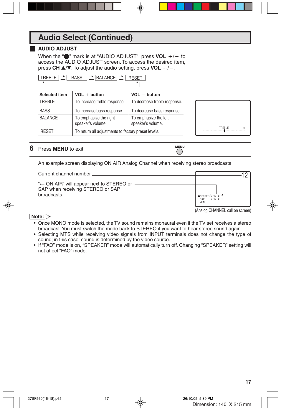 Audio select (continued) | Sharp 27SF560 User Manual | Page 17 / 53