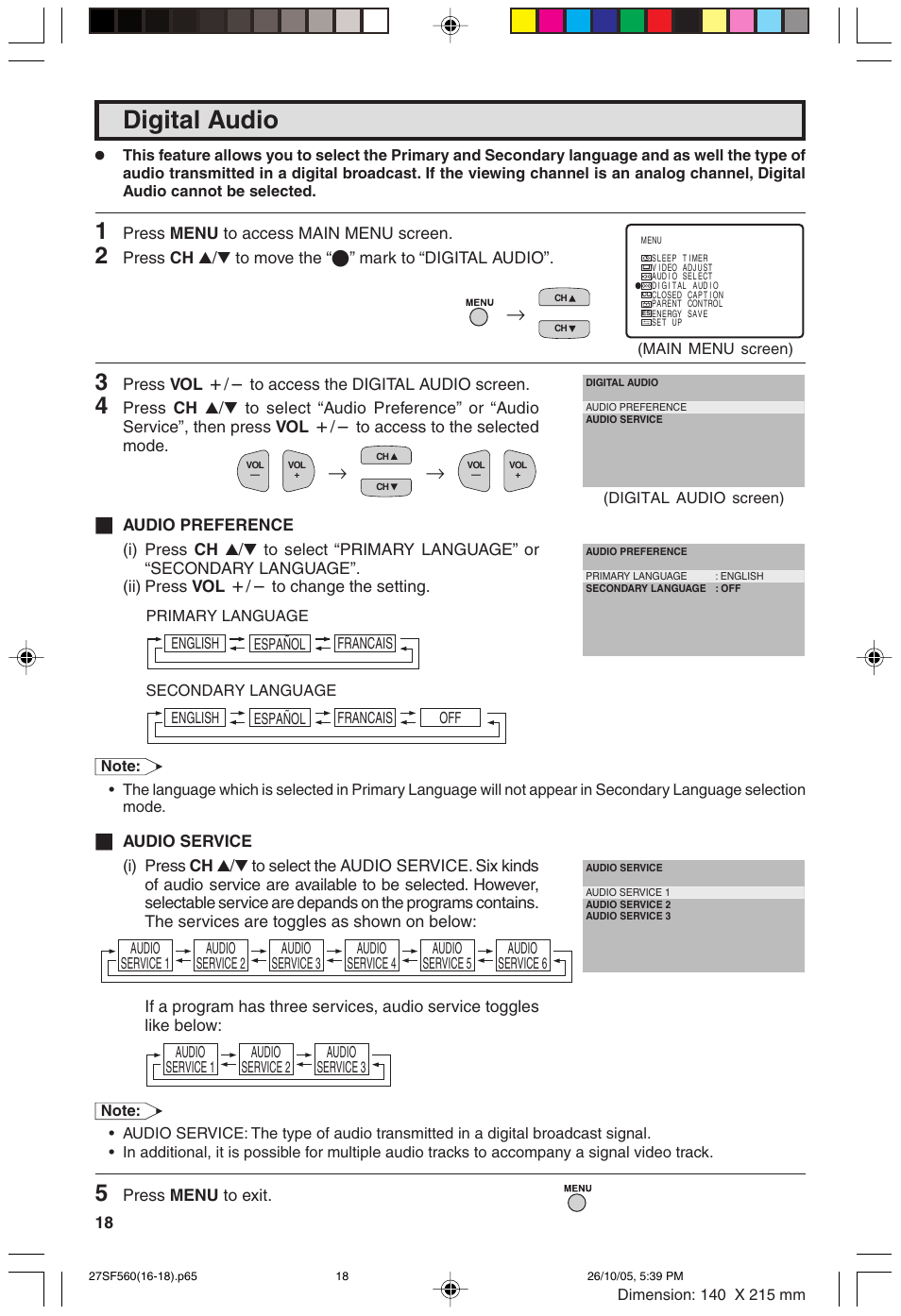 Digital audio | Sharp 27SF560 User Manual | Page 18 / 53