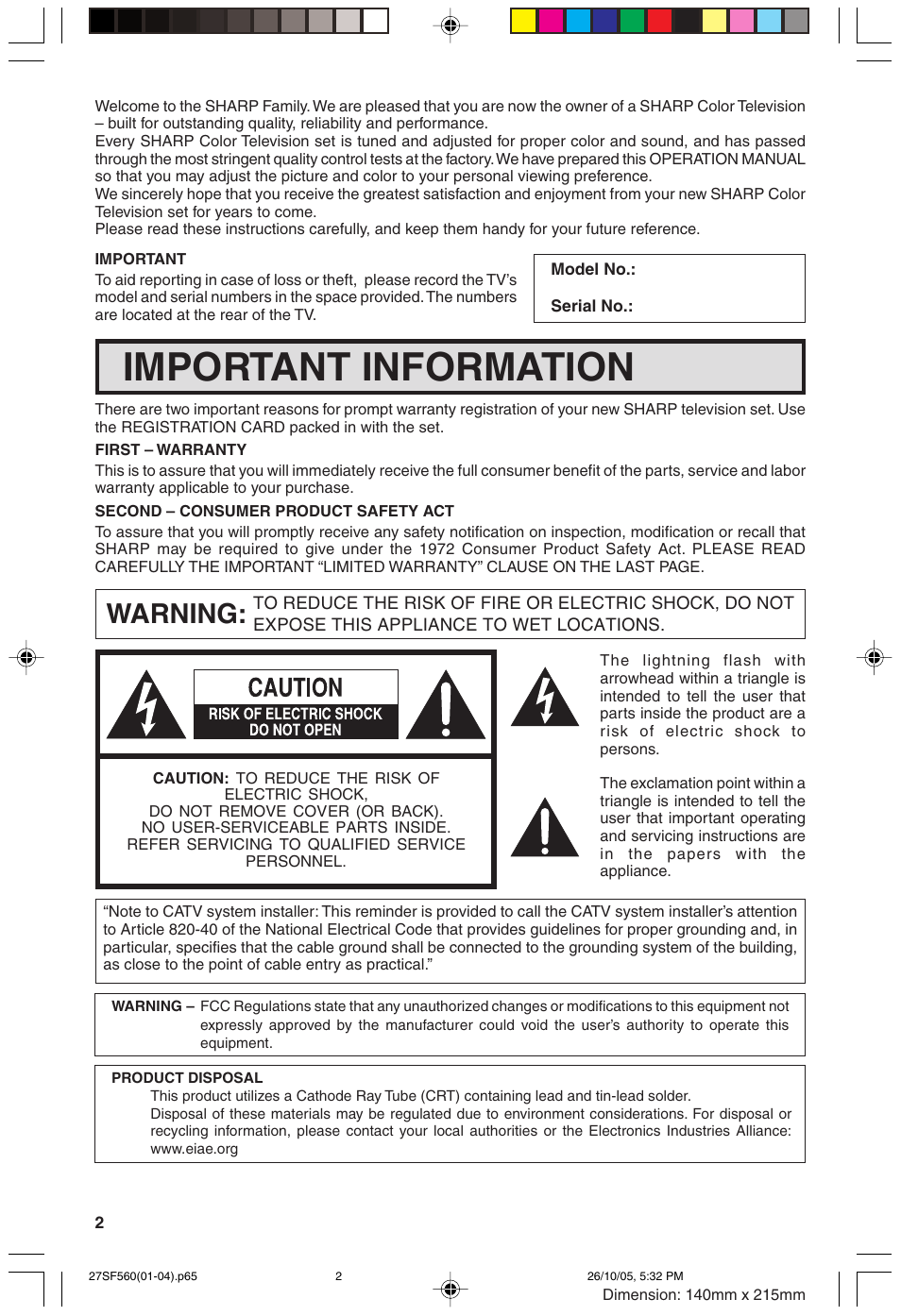 Important information, Warning | Sharp 27SF560 User Manual | Page 2 / 53