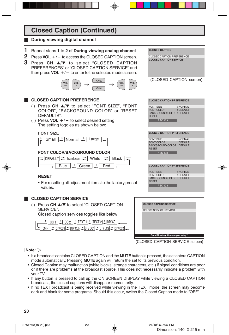 Closed caption (continued), During viewing digital channel | Sharp 27SF560 User Manual | Page 20 / 53