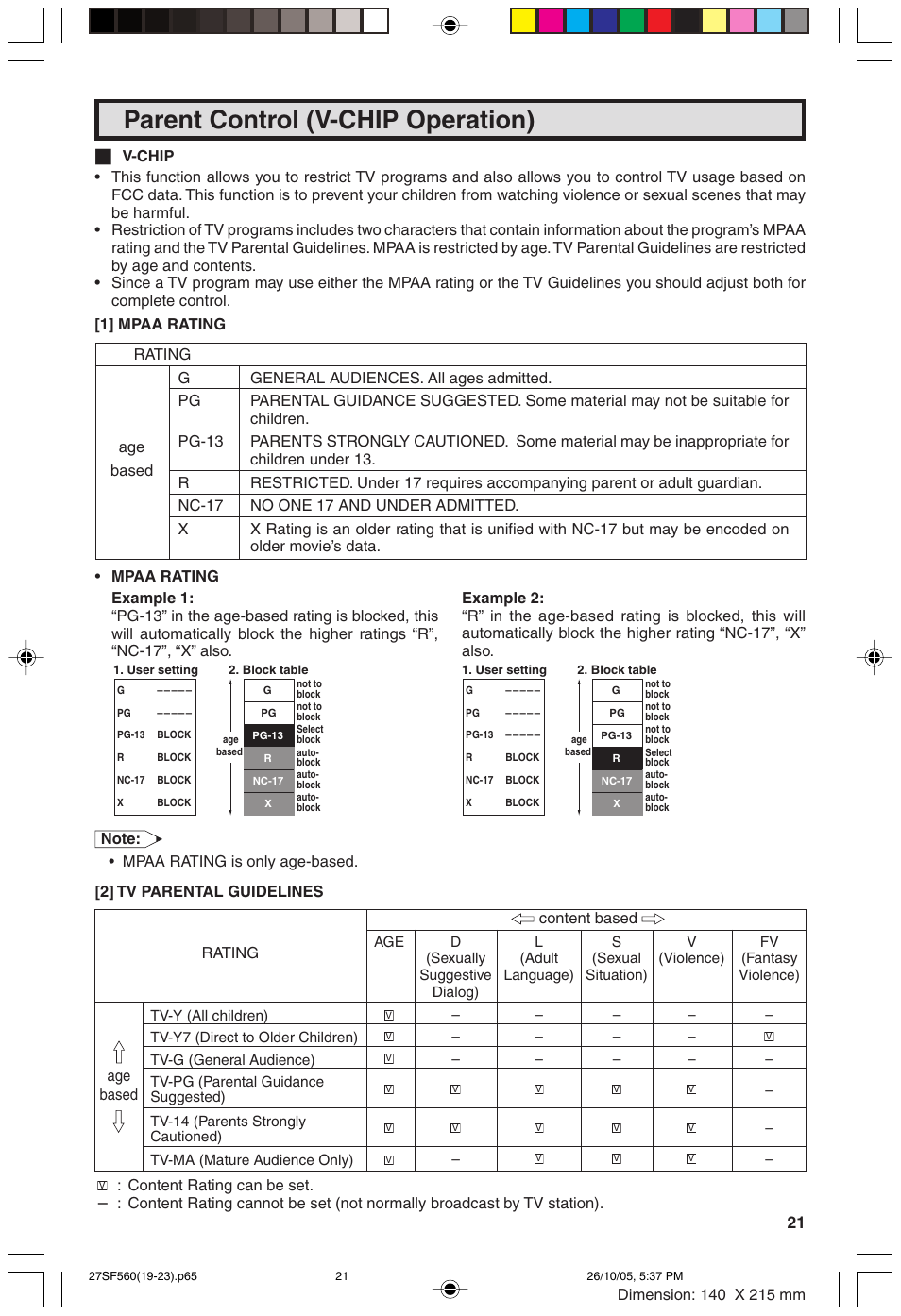 Parent control (v-chip operation) | Sharp 27SF560 User Manual | Page 21 / 53