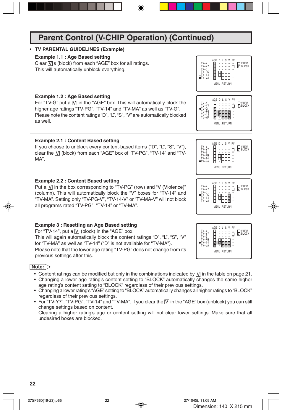 Parent control (v-chip operation) (continued) | Sharp 27SF560 User Manual | Page 22 / 53