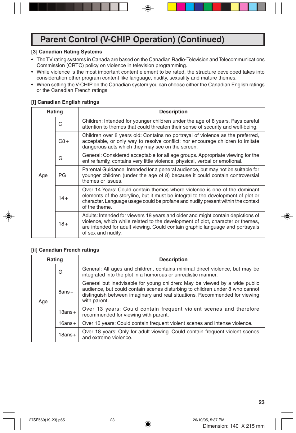 Parent control (v-chip operation) (continued) | Sharp 27SF560 User Manual | Page 23 / 53