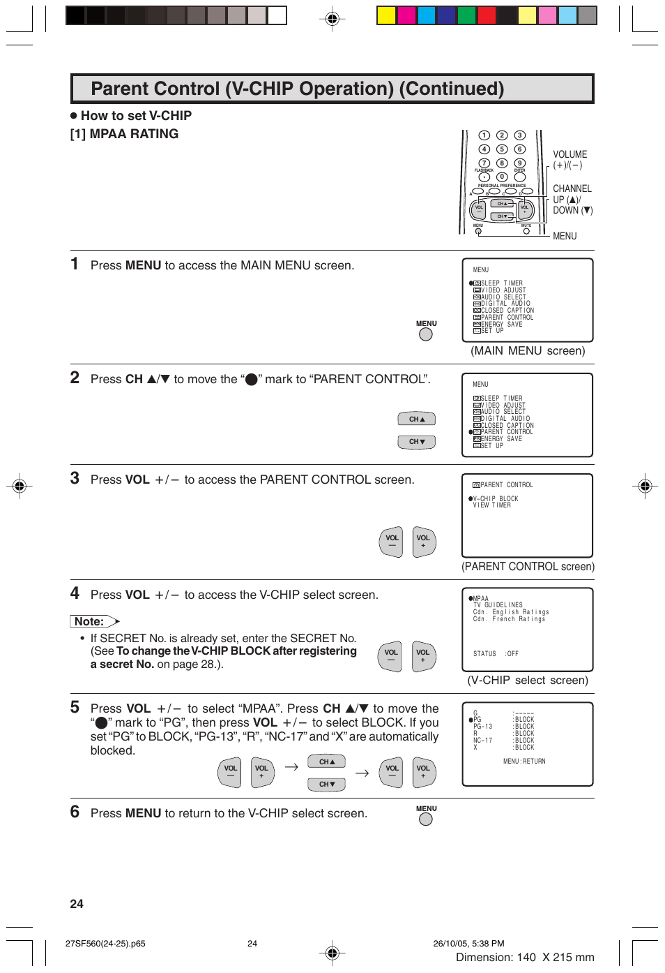 Parent control (v-chip operation) (continued), How to set v-chip [1] mpaa rating, Press menu to access the main menu screen | Press ch, A/s to move the “e” mark to “parent control, Press vol, K/l to access the parent control screen, K/l to access the v-chip select screen, K/l to select “mpaa”. press ch, A/s to move the “e” mark to “pg”, then press vol | Sharp 27SF560 User Manual | Page 24 / 53