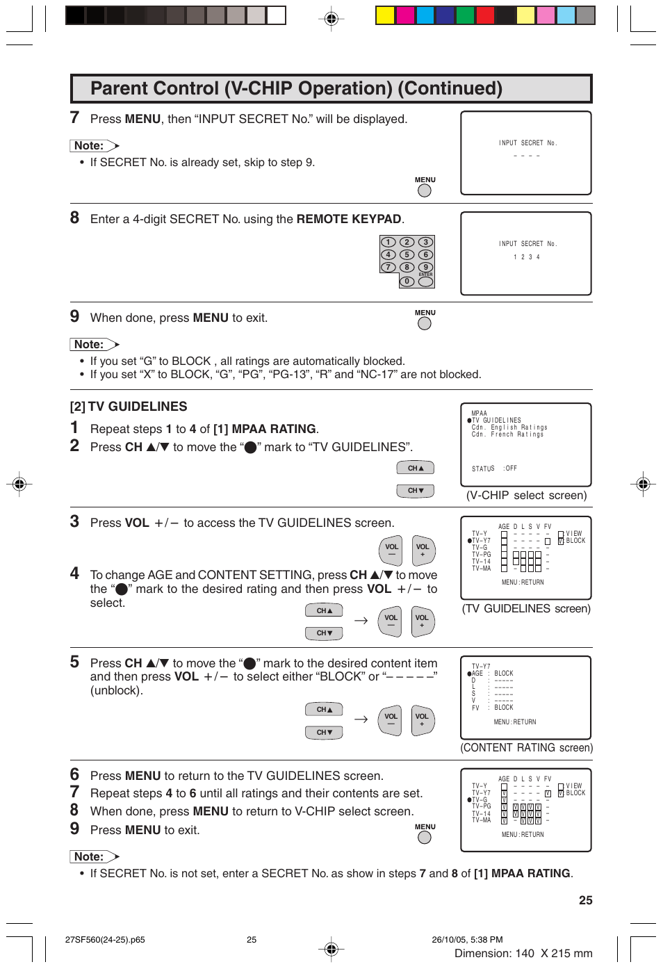 Parent control (v-chip operation) (continued), 2] tv guidelines, Enter a 4-digit secret no. using the remote keypad | When done, press menu, Repeat steps 1 to 4 of [1] mpaa rating, Press ch, A/s to move the “e” mark to “tv guidelines, Press vol, K/l to access the tv guidelines screen, Press menu | Sharp 27SF560 User Manual | Page 25 / 53