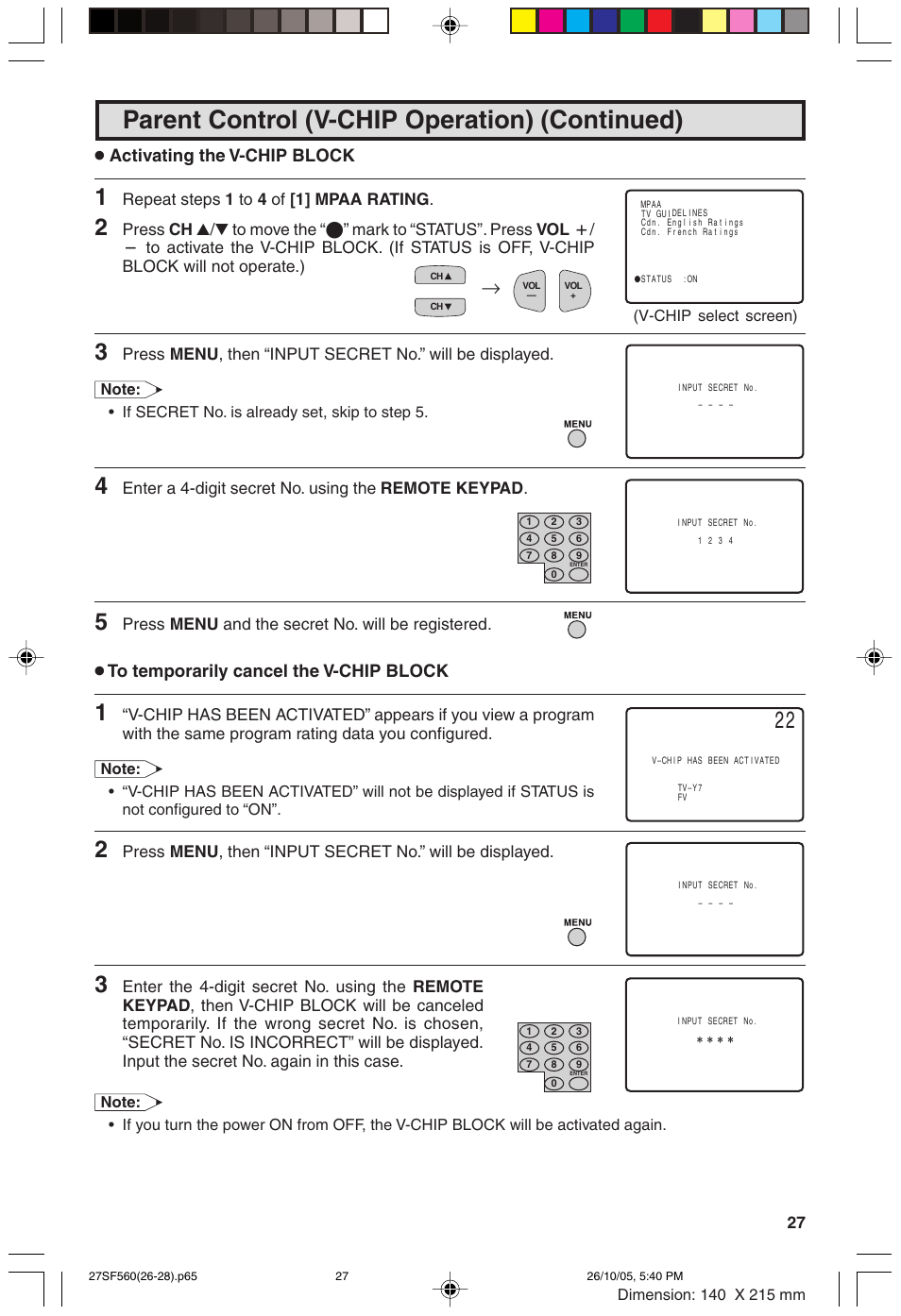 Parent control (v-chip operation) (continued), Activating the v-chip block, Repeat steps 1 to 4 of [1] mpaa rating | Enter a 4-digit secret no. using the remote keypad, Press menu and the secret no. will be registered | Sharp 27SF560 User Manual | Page 27 / 53