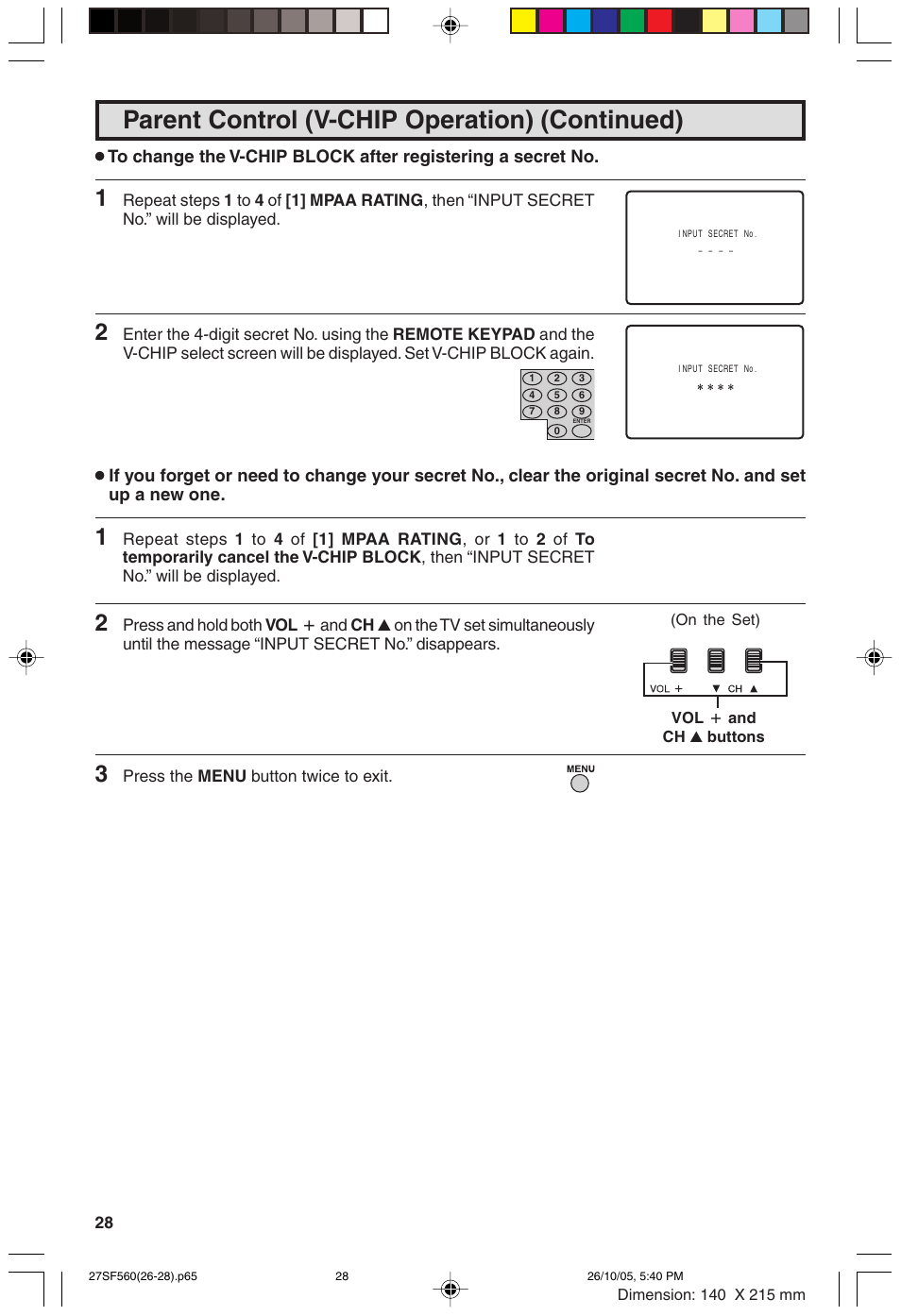 Parent control (v-chip operation) (continued) | Sharp 27SF560 User Manual | Page 28 / 53