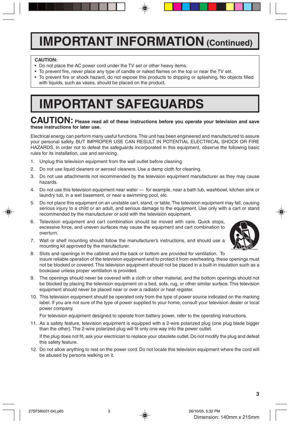 Important information, Important safeguards, Caution | Continued) | Sharp 27SF560 User Manual | Page 3 / 53