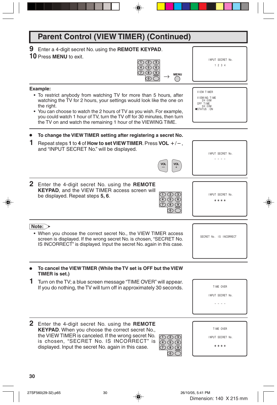 Parent control (view timer) (continued), Enter a 4-digit secret no. using the remote keypad, Press menu to exit | Sharp 27SF560 User Manual | Page 30 / 53