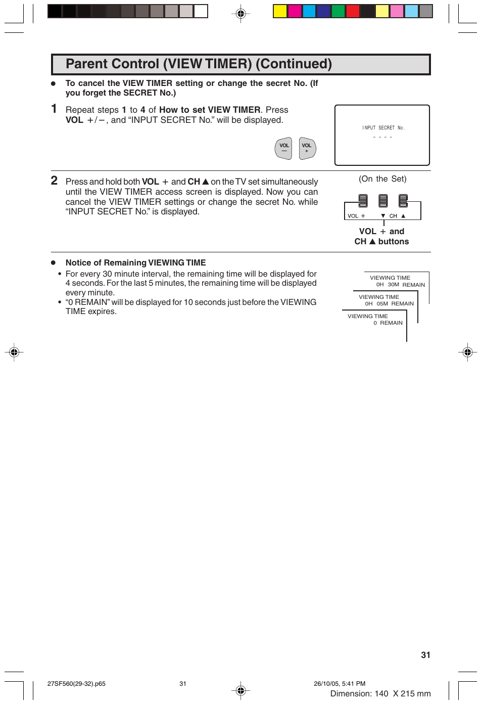 Parent control (view timer) (continued) | Sharp 27SF560 User Manual | Page 31 / 53